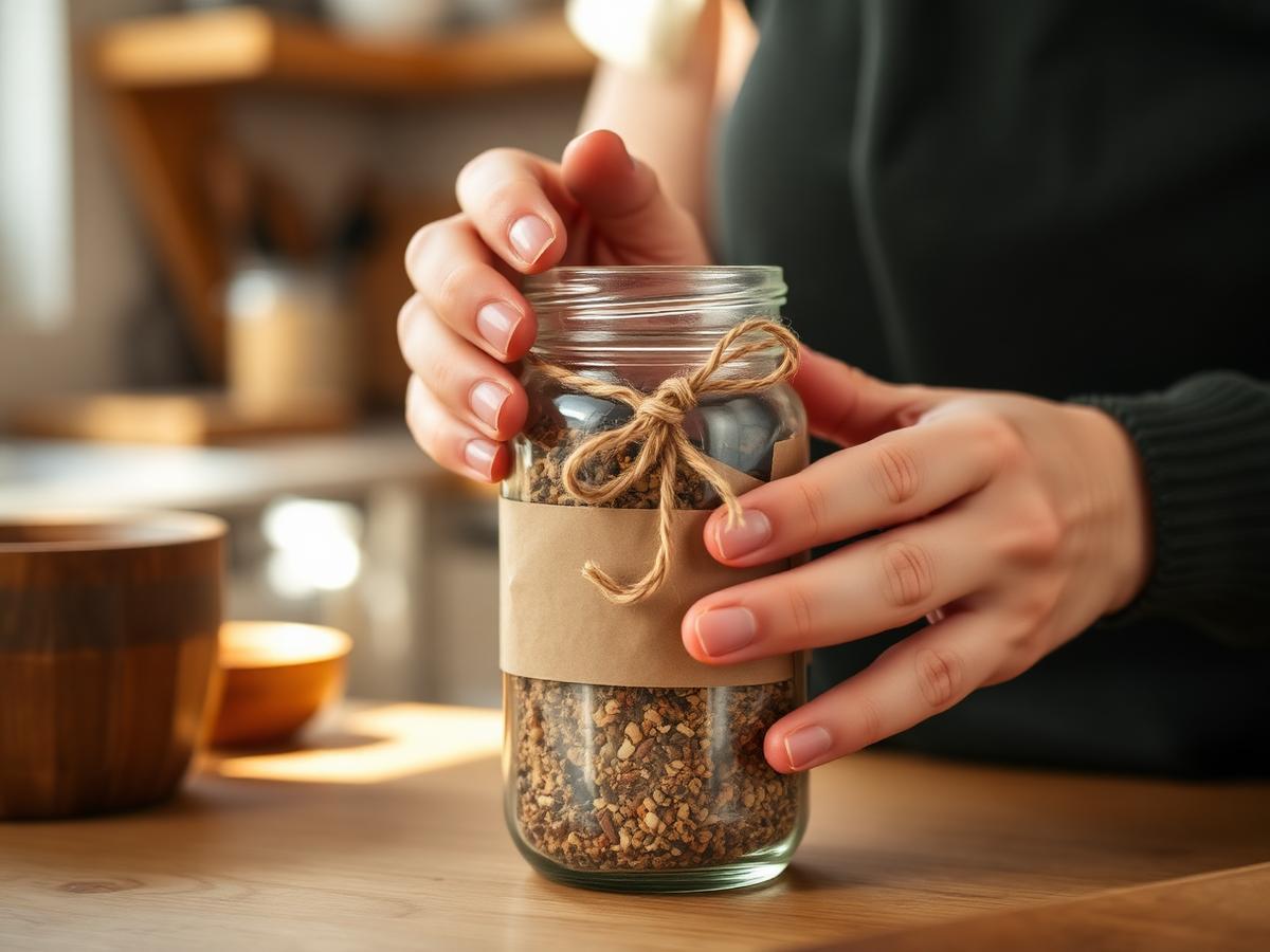 Hands wrapping an artisan spice jar with twine
